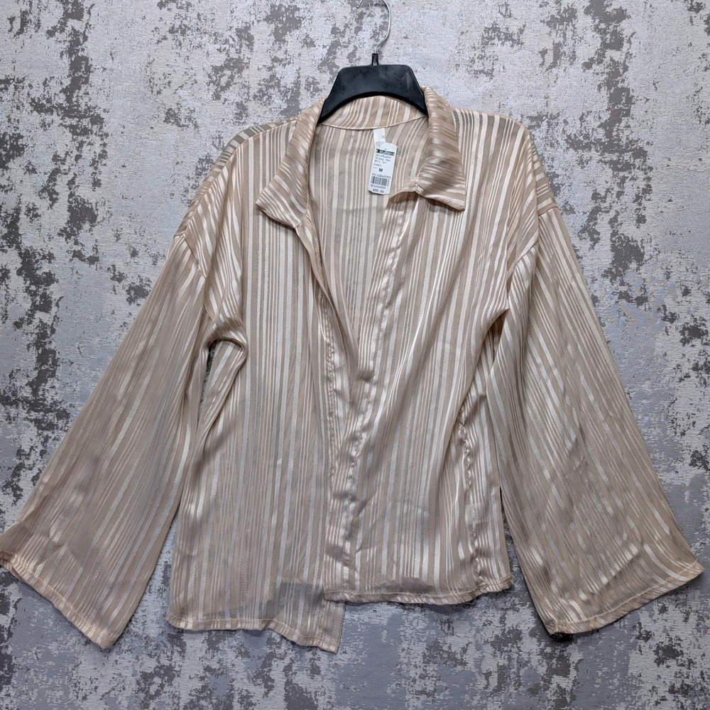 Monaco Womens Khaki Metallic Striped Bell Sleeve Button Down‎ Blouse Size M NWT